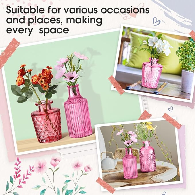 Yaomiao 30 Pcs Vases Bulk Colored Flower Glass Christmas Vases Bud Vintage Colored Glass Bottles Colorful Rustic Embossed for Home Wedding Table Decorations Gifts(Pink Series)