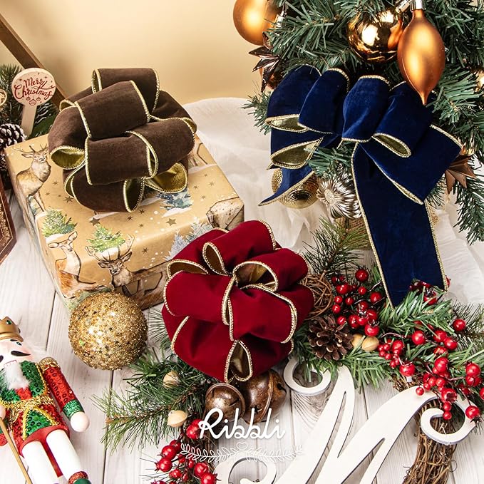 Ribbli Brown Velvet Wired Ribbon 2.5 Inch Luxury Matte Velvet Christmas Ribbon for Gift Wrapping Christmas Tree Decoration Crafts Wreaths Supplies - 10 Yards