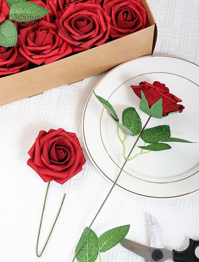 50pcs Artificial Flower，Real Touch Foam Roses w/Stem DIY for Wedding Bouquet Centerpieces Party Shower Home Decor-Dark red