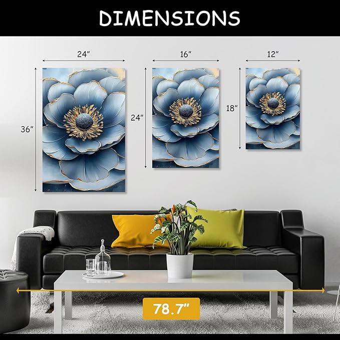 Kewhush Blue Wild Rose Canvas Wall Art, Floral Canvas Prints, Flower Blooming Set of 3 Pictures, Rose Wall Decor, Gold Accent Decor, Modern Artwork for Living Room, Bedroom (12" x 18" x 3 pcs)
