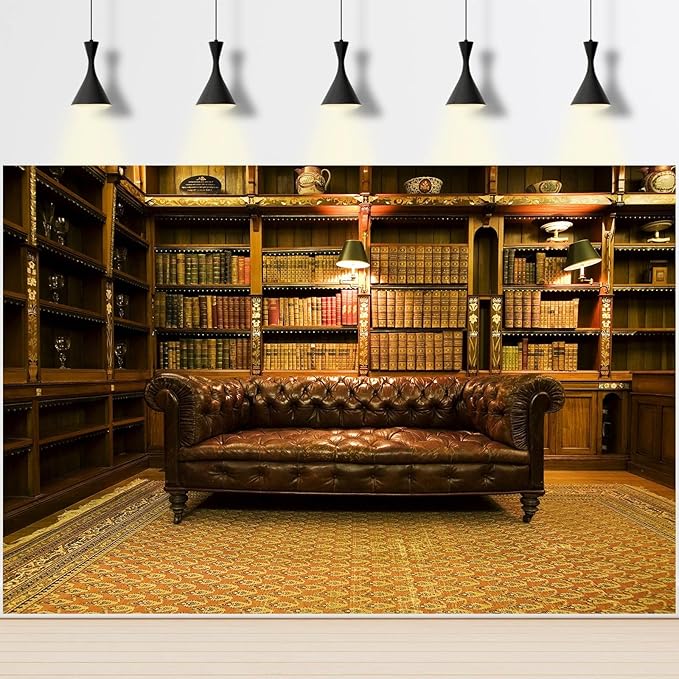 Library Backdrop Vintage Luxury Old School Library Bookshelf Collection Photography Background Business Room with Leather Sofa Book Shelf Wallpaper Decorations for Adult Photos Prop 7x5ft