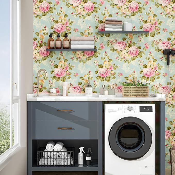 Blue Rose Wallpaper Peel and Stick Boho Wallpaper 17.5in x 9.8ft Vintage Floral Contact Paper Vinyl Self Adhesive Removable Modern Floral Wall Paper for Bedroom Shelf Liner Cabinet Decor