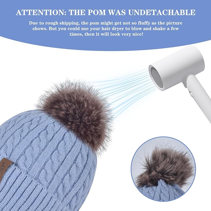 FENELY Women's Knitted Warm Beanie Winter Hat, Warm Chunky Snow Hat with Pompom