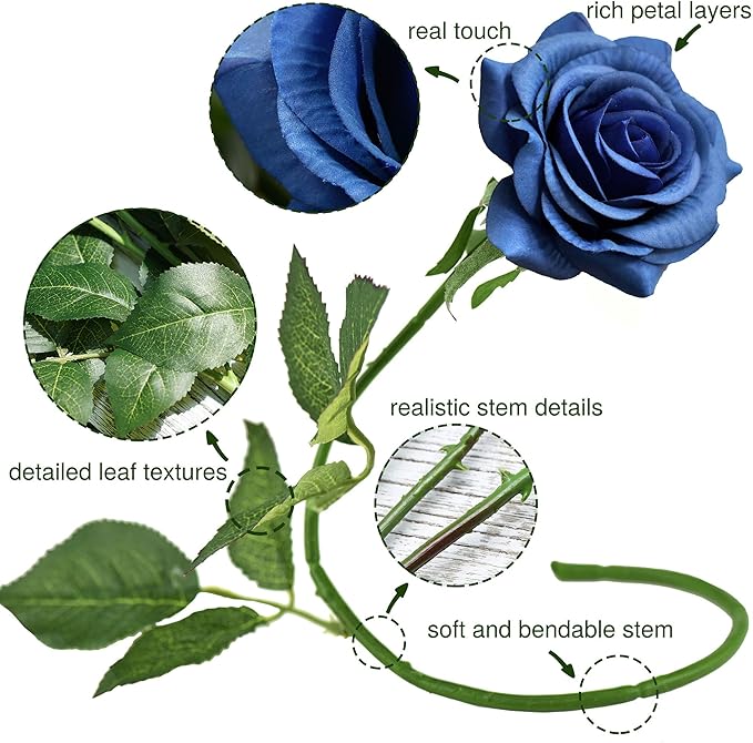 FiveSeasonStuff Silk Roses Artificial Flowers for Decoration, Home Decor Centerpiece for Tables, Wedding Bridal Bouquet of Flowers Real Touch Roses 12 Stems (Royal Blue)