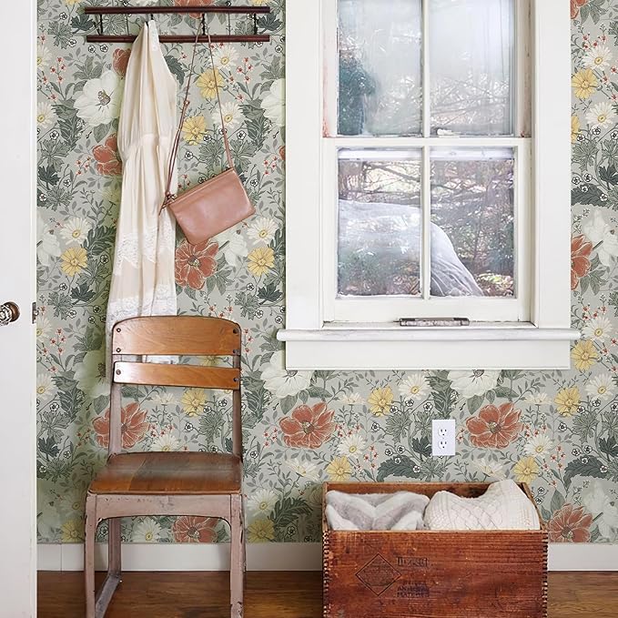 Simon&Siff Vintage Wallpaper Peel and Stick Modern Floral Wall Paper Farmhouse Botanical Contact Paper Removable Renter Friendly Wallpaper for Cabinets Countertop Wall 17.3" x 118"
