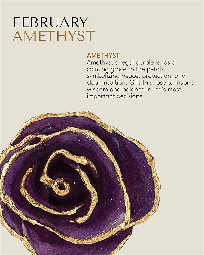 Forever Rose Hand-Dipped in 24K Gold, Amethyst-Inspired February Birthstone with Sparkles, Real Rose in Leather Case with LED Light – Perfect Ready to Gift for February Birthday or Any Occasion