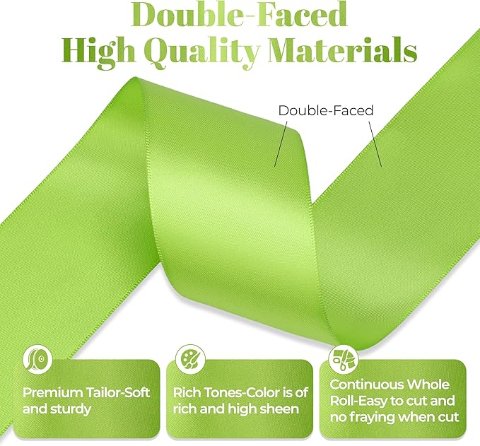 Apple Green Satin Ribbon, Double Faced 2 Inch X 25 Yards Apple Green Ribbon, Premium Satin Ribbon for Gift Wrapping, Crafts, Hair Bow Making, Sewing, Flower Bouquet, Wedding Party Decor