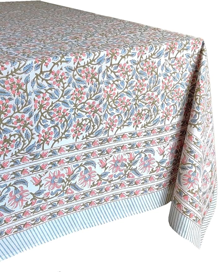 ATOSII Kalina 100% Cotton Rectangle Tablecloth, Handblock Floral Linen Table Cloth for Kitchen Dining Table I Parties Wedding Outdoors I Home Decor 60 X 90 Inches