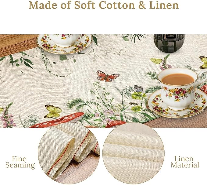 Watercolor Mushroom Table Runner, Boho Vintage Green Plant Butterfly Wildflower Eucalyptus Leaf Print Table Cover for Home Holiday Party Indoor Outdoor, 13x70inch