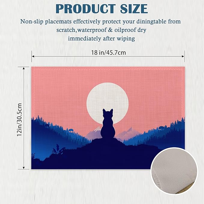 Placemats-Calm Cat On Hilltop Linen Table Place Mats Set of 4 Non-Slip Heat Resistant Table Mats for Dining Kitchen Cabin Decor 12x18 Inch