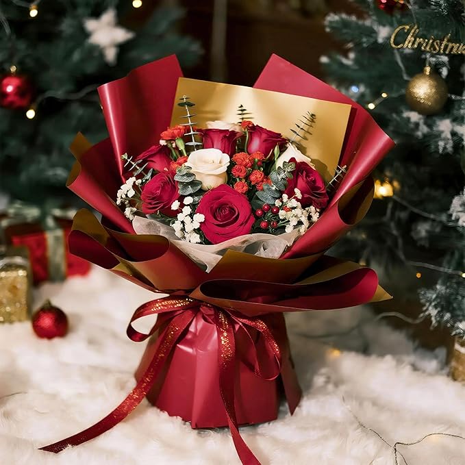 LeZakaa 20 Sheets Christmas Flower Wrapping Paper, Wine Red and Gold Design Waterproof Reversible Floral Bouquet Paper, for Valentines, Mothers Day, Party, Birthday, Wedding, Baby Shower