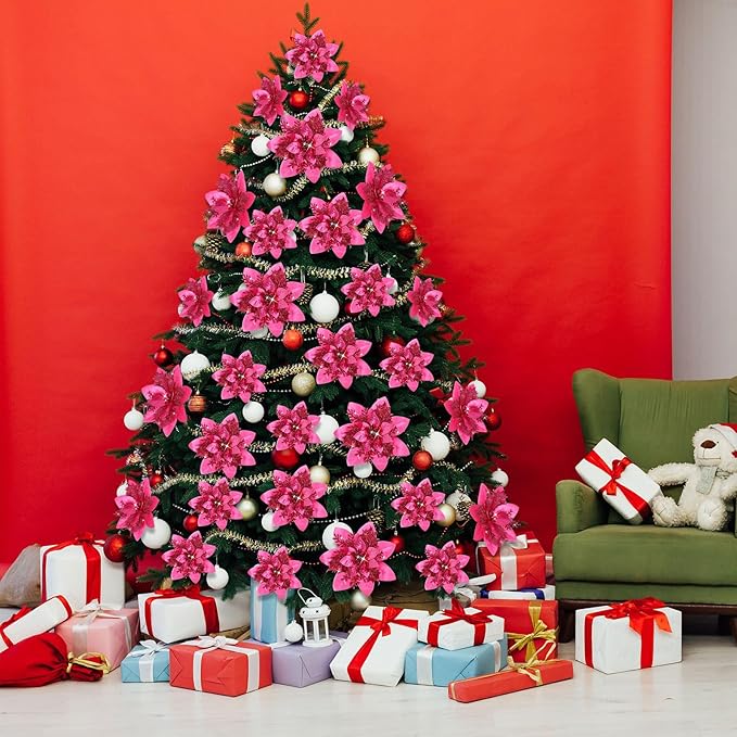 Geosar 36 Pcs Christmas Glitter Artificial Poinsettia Flowers Xmas Poinsettia Artificial Wedding Flowers Decorations Xmas Tree Ornaments with Clips for Party, 6 Inch, 4 Inch, 3 Inch(Peach Red)