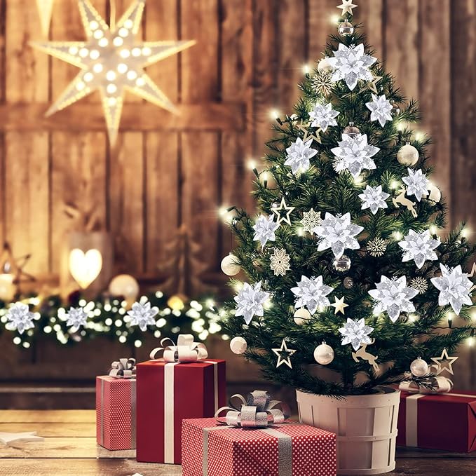 36 Pcs Christmas Glitter Artificial Poinsettia Flowers Xmas Poinsettia Artificial Wedding Flowers Decorations Xmas Tree Ornaments with Clips for Party, 6 Inch, 4 Inch, 3 Inch(Silver and White)