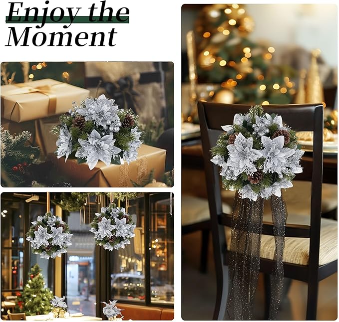 BLOSMON Poinsettias Artificial Christmas Flowers: 2 Pcs Silver Glitter Fake Christmas Floral Ball Centerpieces for Tables Decoration Silk Faux Poinsettia Holiday Flower Arrangement Xmas Plants Decor