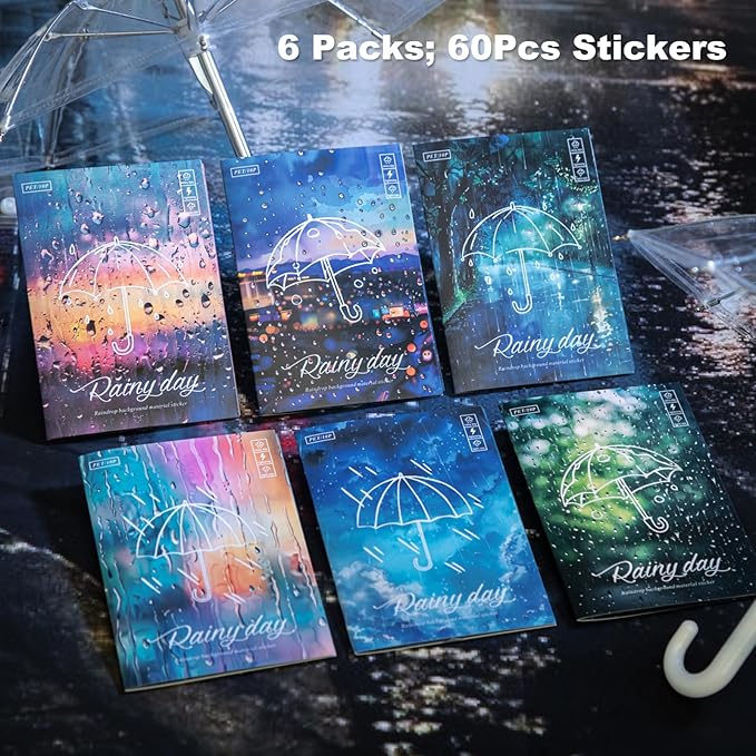 60Pcs Rainy Day PET Stickers, Large Landscape Journal Stickers for Scrapbooking and Planners, Waterproof Craft Supplies