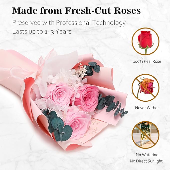 Flower Bouquet Gifts for Her, Flowers for Delivery Prime, Preserved Roses Flower Gifts for Women, Valentines Flowers, Mom Gifts from Daughter Son, Birthday Gifts, Real Roses,Pink Roses