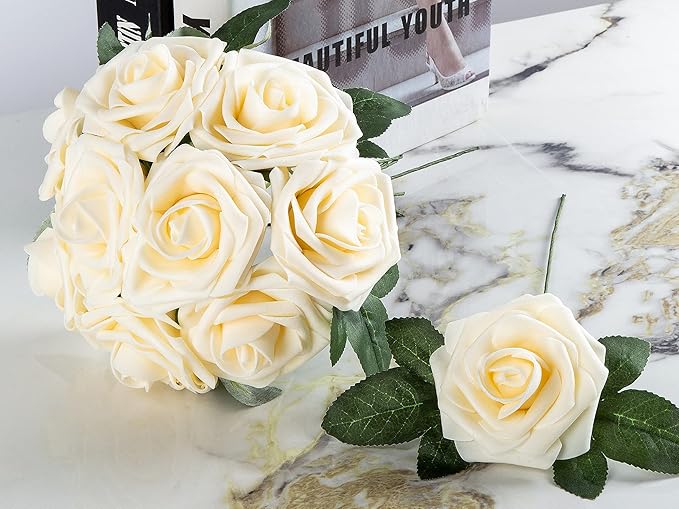 Artificial Flower Foam Rose 25pcs Real Looking Fake Rose with Stems Leaves for Home Decoration Party Garden Centerpieces DIY Wedding Bouquets（Champagne）