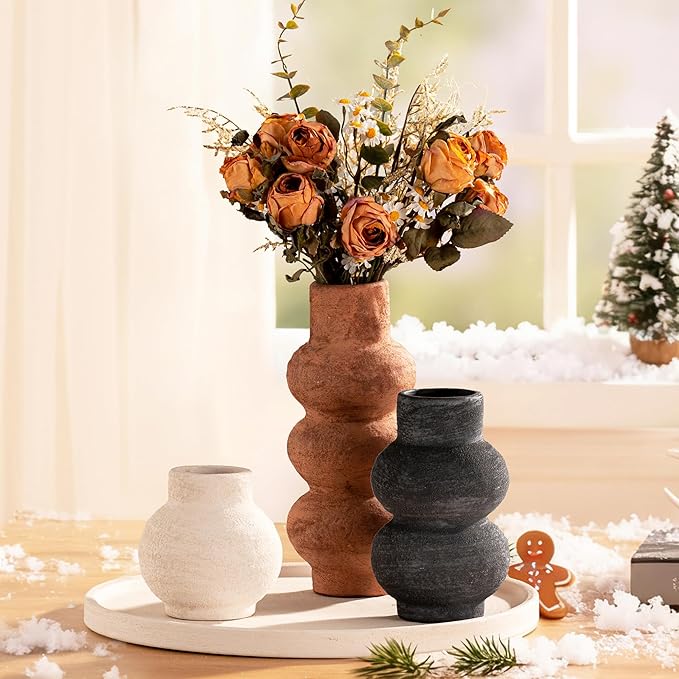 Ceramic Vase Home Table Decor - Flower Vase Set of 3 Living Room Kitchen Decorations Farmhouse Modern Rustic Vases Decorative Centerpiece for Shelf Bedroom Office Bathroom Dining Coffee Desk