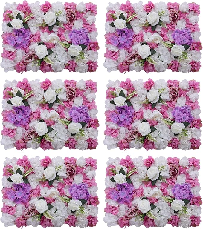 Flower Wall Backdrop, 6 Pcs Flower Wall Panels Artificial Floral Wall Background for Wall Decoration in Wedding Sites, Birthday Parties Per Panel 56-59 Flowers 24 x 16 Inch