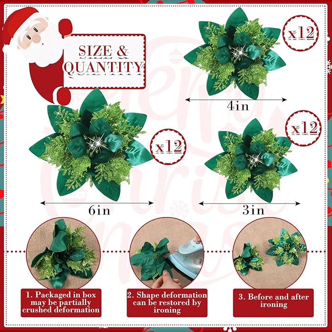Geosar 36 Pcs Christmas Glitter Artificial Poinsettia Flowers Xmas Poinsettia Artificial Wedding Flowers Decorations Xmas Tree Ornaments with Clips for Party, 6 Inch, 4 Inch, 3 Inch(Grass Green)