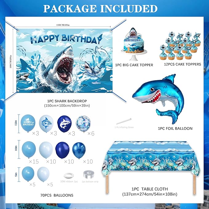 Shark Birthday Party Decorations For Women Men,Happy Birthday Banner,Blue Balloon Arch Kit,Sharks Foil Balloons,Cake toppers