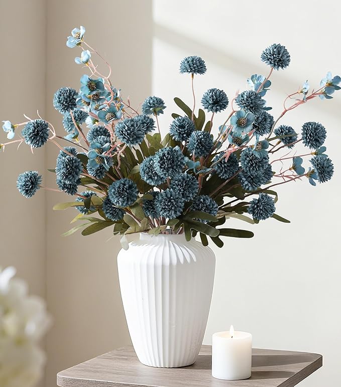 HyeFlora Fake Kiku Flowers,Faux Silk Pompon Mums 40heads Artificial Flowers,Chrysanthemum Stems Floral Arrangement Dried Flowers Vintage Decorative Indoor Home Vase Decor Blue with Wax