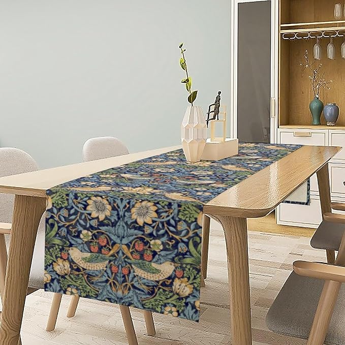 William Morris Floral Table Runner,Flowers Botanical Printed Table Runner for Home Kitchen Dining Table Decoration,13x60 Inch Strawberry Thief