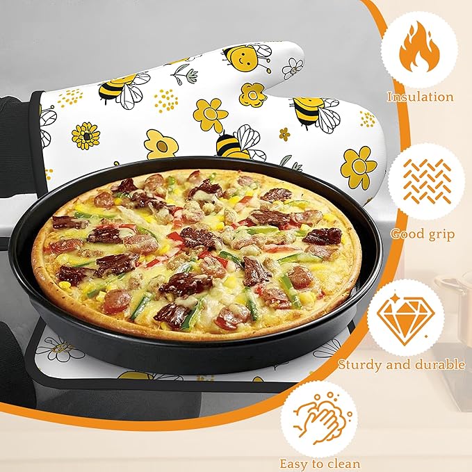 Cute Bee Oven Mitts and Pot Holders,Flower Heat Resistant Oven Mitts Gloves and Pot Holder for Home Kitchen Decorations Cooking Baking BBQ Gifts,Set of 4