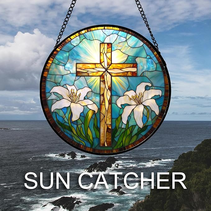 Christian Gifts for Women - Cross Stained Glass Window Hanging Jesus Easter White Lily Flower Sun Catcher Garden Religion Decor Mother's Day Catholic Gift for Men Grandma Mom Her Nana 9.8"