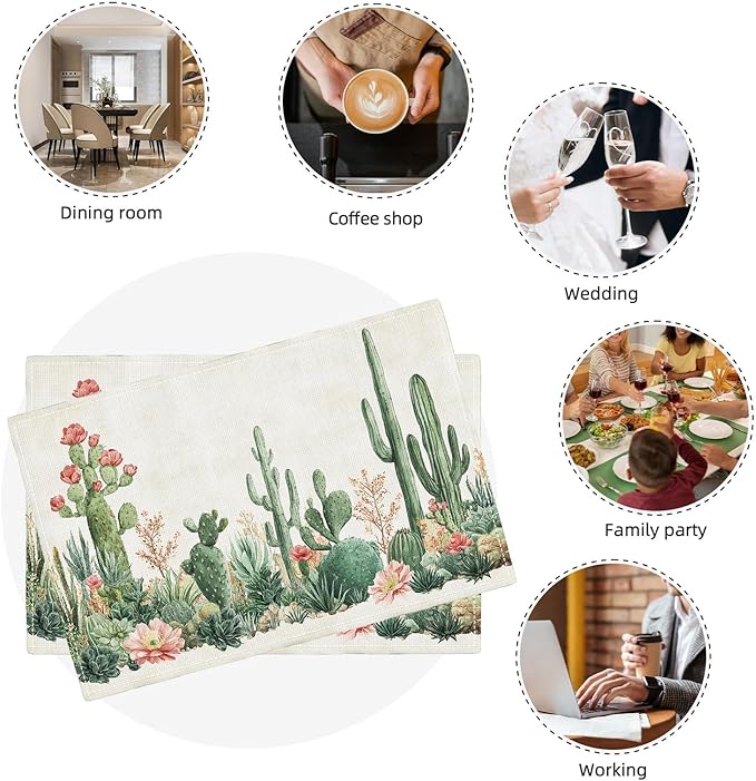 Cute Cactus Placemats Set of 4, Western Succulent Place Mats, Rustic Summer Plant Dining Table Mats, Washable Placemats for Kitchen Dining Room 18L'' × 12W''