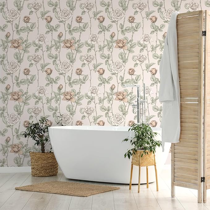 VaryStyle Vintage Beige Floral Wallpaper Elegant Rose Branches Flower Peel and Stick Wallpaper for Bedroom Bathroom 17.7"x118" Self Adhesive Waterproof Vinyl Beige Contact Paper for Cabinets Drawers