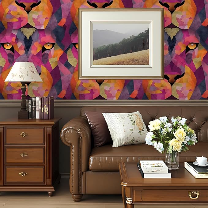 Floral Peel and Stick Modern Animal Wallpaper Whimsical Lion Removable Colorful 17.7" x 118.11" Wall Paper Watercolor Self Adhesive Contact Paper for Classroom Bedroom Laundry Room Bathroom