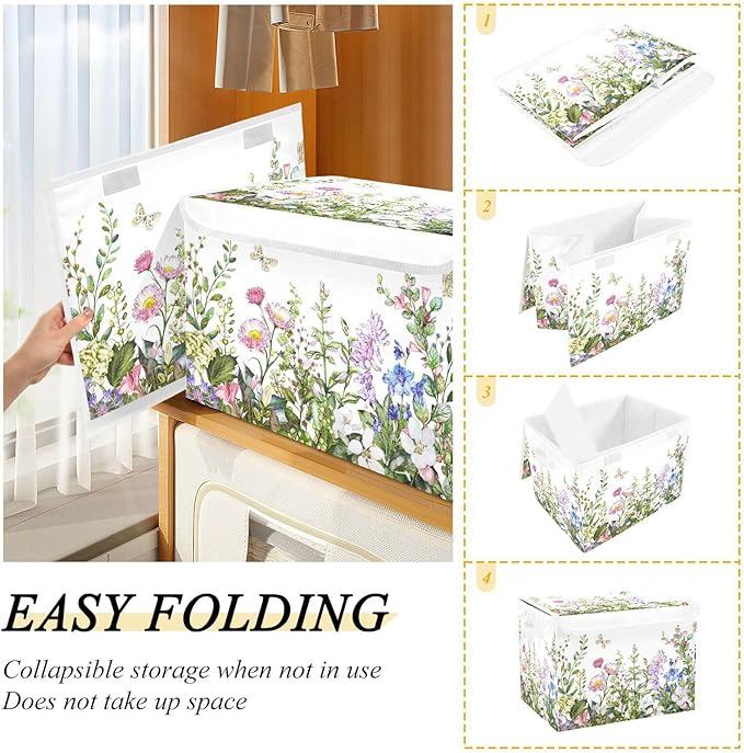 senya Spring Storage Baskets Collapsible Storage Bins with Lids, Spring Wild Flowers Butterfly Storage Boxes Clothes Baskets for Organizing
