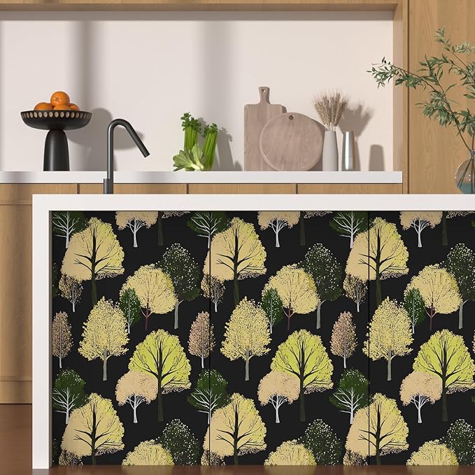 Forest Wallpaper Peel and Stick, Back/Green/Yelllow Trees Contact Paper,Abstract Woodland Landscape Wall Mural Self Adhesive Waterproof Removable for Bathroom Shelves Cabinet Drawer Table 17.5" x 118"