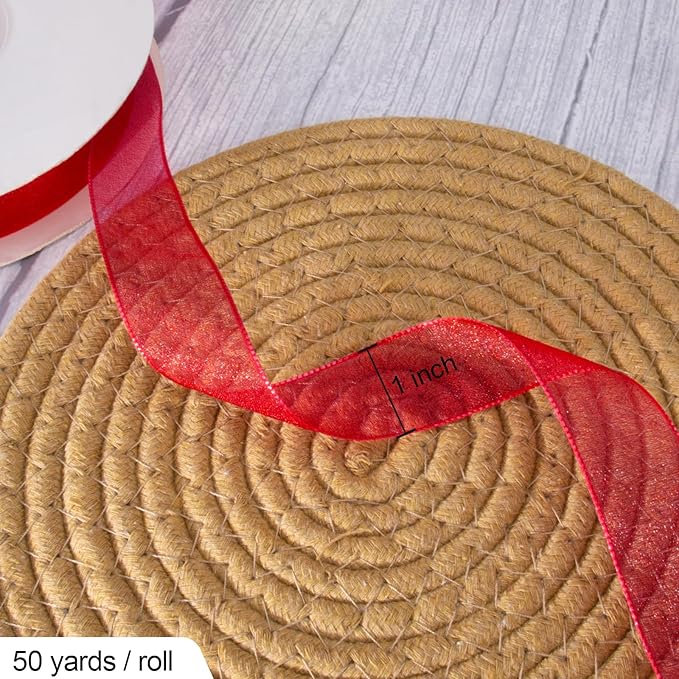 Sheer Organza Ribbon 1 Inch Chiffon Ribbons for Gift Wrapping, Flower Bouquet, 50 Yards/Roll (Red)