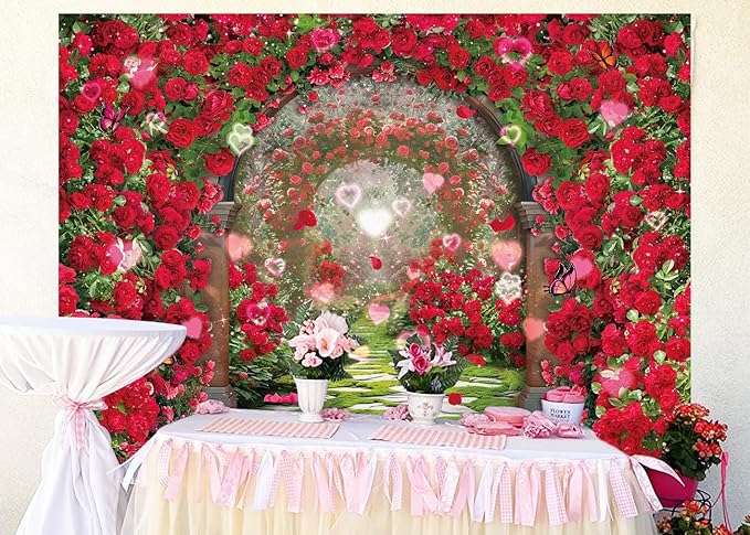 Valentines Day Flowers Garden Backdrops Red Rose Spring Floral Scene Photography Backdrop Girls Birthday Bridal Shower Wedding Party Decorations Banner Photo Booth Props (8x6FT(94 x 70 inch))