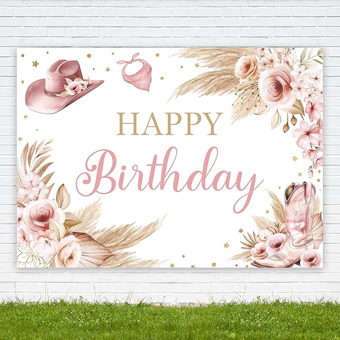 Riyidecor Pink Cowgirl Happy Birthday Backdrop Western Bohemian Pampas Flower 7Wx5H Feet Polyester Fabric Boots Hats Photography Background for Women Girl Table Decor Banner Studio Photo Shoot