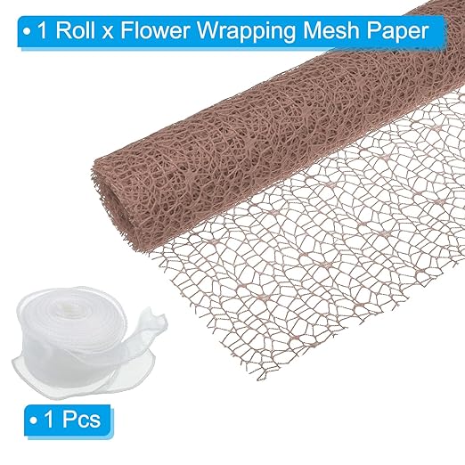 PATIKIL Flower Wrapping Mesh Paper, 15ft Floral Bouquet Craft Packaging Hollow Net Yarn with Ribbon for Flowers Gift Packaging, Khaki