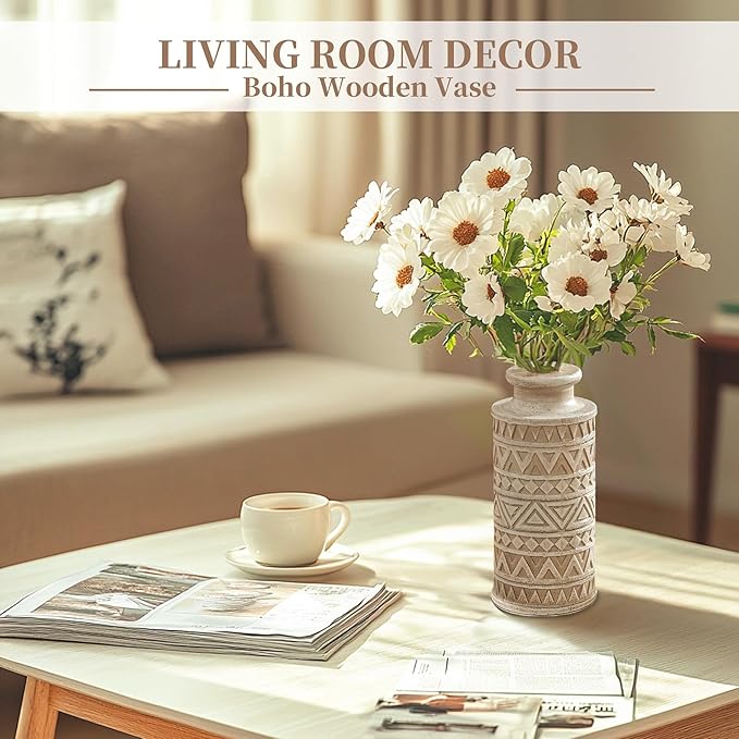 Hanobe Boho Vases Home Decor: Rustic Farmhouse Wood Vase for Living Room Kitchen Dining Table Centerpiece Aesthetic Carved Patterns Fall Decorations Bathroom Bedroom Office Accents