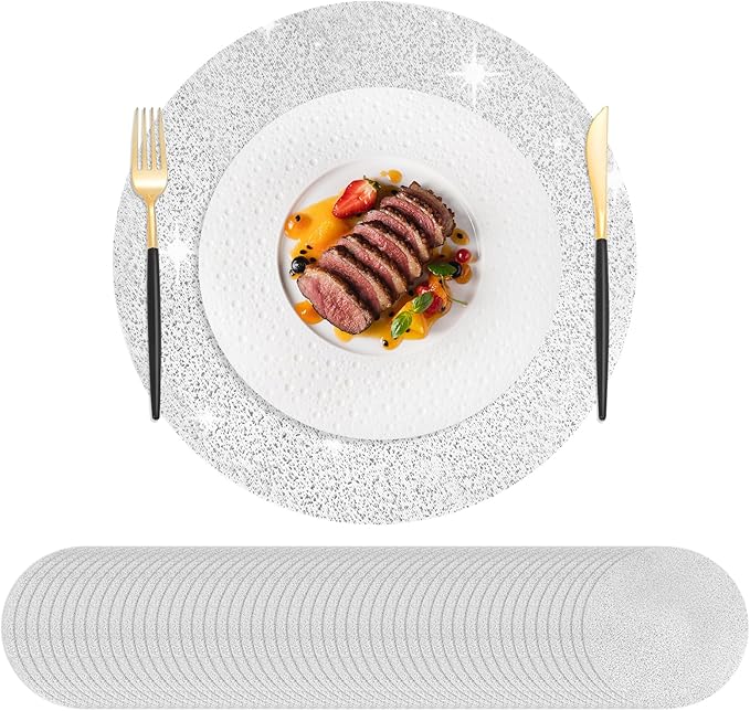 Hysenm 50 Pcs Disposable Silver Placemats Set Metallic 13 Inch Round Foil Mesh Pressed Table Doilies, Ultra-Thin Disposable Placement Mats for Home Decoration Dining Table Wedding Birthday Party