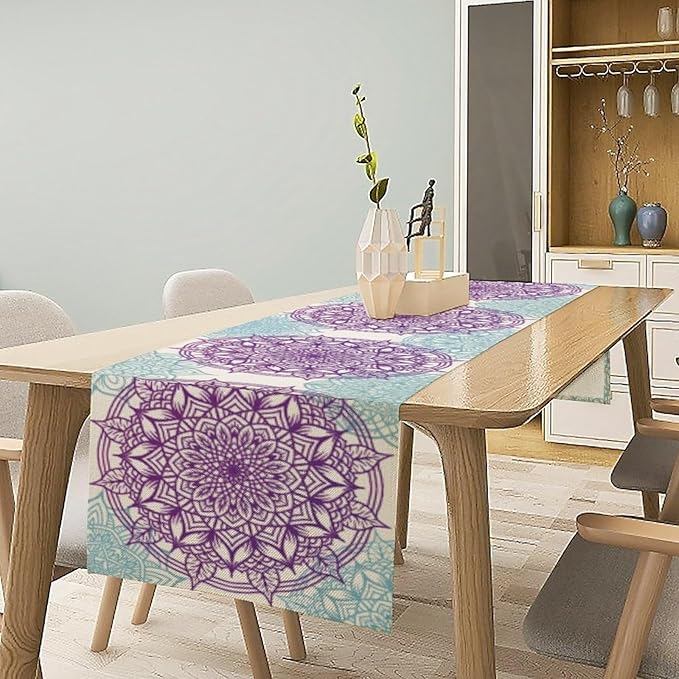 Boho Mandala Table Runner, Purple Blue Bohemian Floral Table Decor Runner for Kitchen Dining Indoor Outdoor Party Decoration, 13x90 Inch