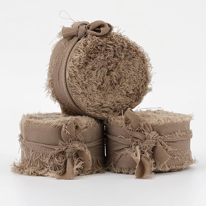 MEEDEE Taupe Chiffon Ribbon 1 Inch Brown Frayed Ribbons Brown Chiffon Silk Fringe Ribbon Thin Chiffon Ribbons for Crafts, Gift Wrapping, Wedding Invitation (3 Rolls 21 Yards)