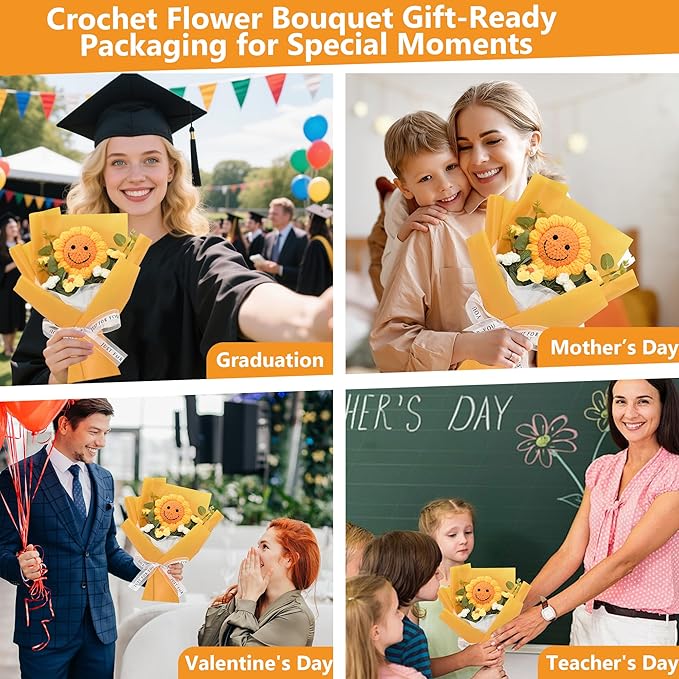 Handmade Crochet Flower Bouquet – Finished Knitted Sunflower & Daisy Flowers, Faux Floral Arrangement, Ready-to-Gift for Mother’s Day, Teachers, Graduation, Birthday, Wedding, Home & Office Décor