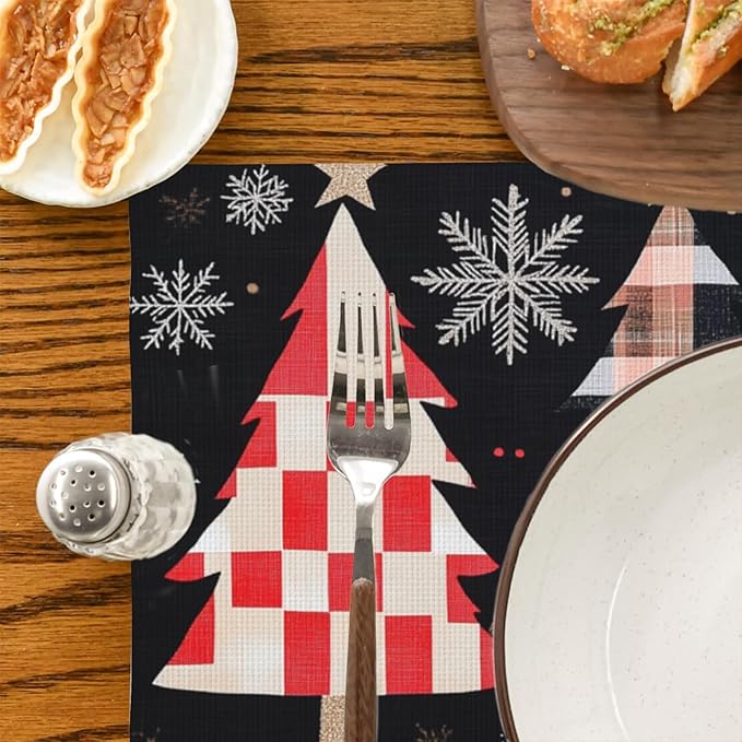 Merry Christmas Placemats Set of 4 Christmas Tree Snowflake Place Mats Washable Table Dinner Mats Linen Table Mats for Kitchen Dining Party Home Kitchen Decor 12x18 Inch