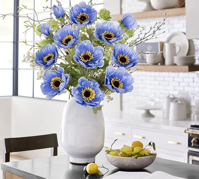 28.3" Blue Artificial Flowers Poppy Flowers 3Pcs Silk Fake Poppy Flowers Real Touch Faux Poppies Spring Flower Long Stem Arrangement with 4 Heads for Party Centerpiece Bouquet Table Home Decoration