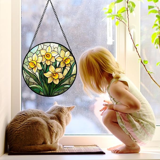 Stained Glass Window Hanging, Daffodil Plant Flowers Sun Catchers Diamond Glass Panel Hangings Suncatcher Decor for Birthday for Women, Men, Wife, Aunt, and Mom 9.8 in