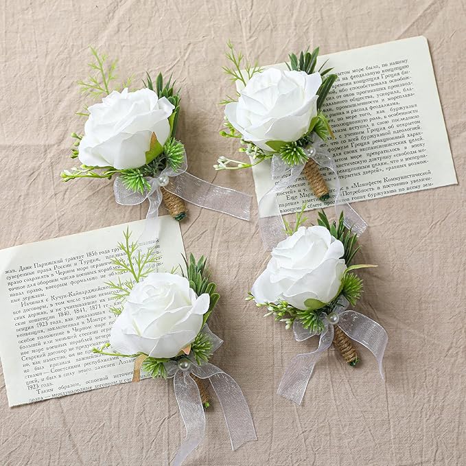 4pcs White Rose Boutonniere for Men Artificial Rose Flower for Wedding Flowers Ceremony Prom Flower (4 Boutonniere)