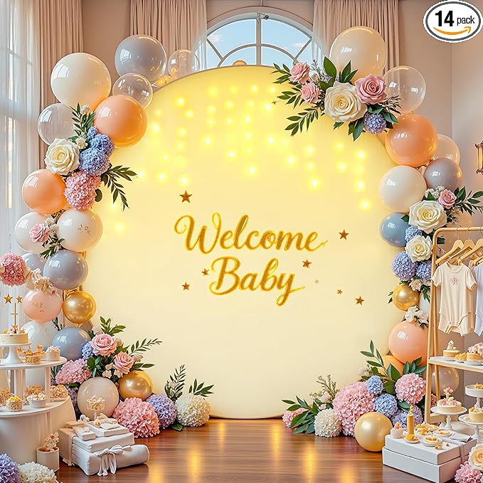 6.6 FT Beige Round Backdrop Cover with Lights String for Circle Arch Stand Circle Backdrop Covers with LED Fairy Lights for Wedding Arch Bridal Baby Shower Birthday Party Photo Photography Background