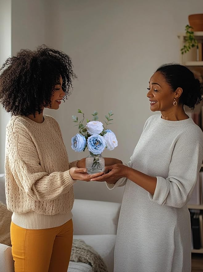 Forlaoers White Blue Roses Floral Artificial Flowers with Vase Silk Flower Arrangements in Fake Water Fake Flower Bouquet Centerpieces for Dining Center Table Decor Home Farmhouse Office Decorations