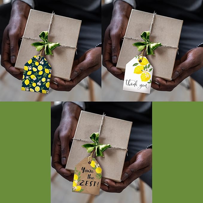 Pro Supply Global 24 Count of 2.5 Inch x 3 Inch Pre Strung Lemons Gift Tag Assorted Printed Designs on Large Cardstock Gift Hang Tags - Ideal to Use on Bags